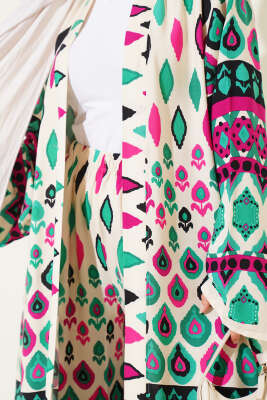 Damla Desenli Uzun Kimonolu İkili Takım Bej - Thumbnail