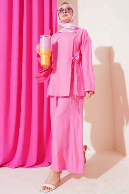 Pazarium - Düğmeli Yandan Bağlamalı İkili Takım Pembe