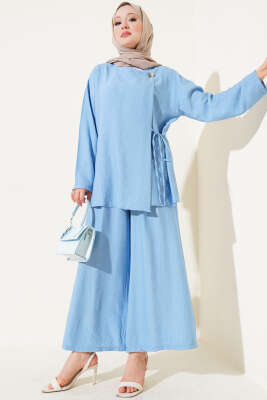 Pazarium - Düğmeli Yandan Bağlamalı İkili Takım Bebe Mavi