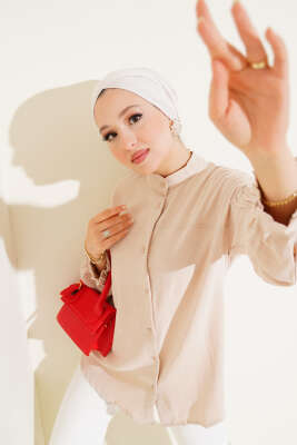 Pazarium - Manşet Büzgülü Tunik Bej 