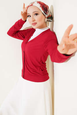 Pazarium - Düğmeli Kısa Viskon Hırka Bordo