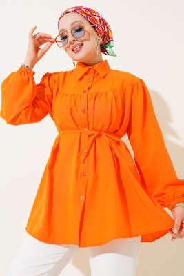 Pazarium - Göğüs Büzgülü Gömlek Oranj