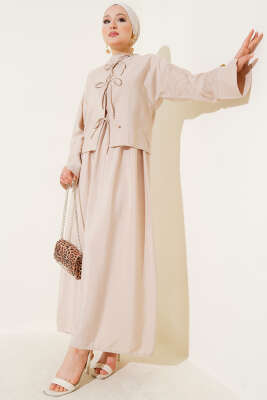 Pazarium - Önü İp Bağcıklı Jile İkili Takım Bej