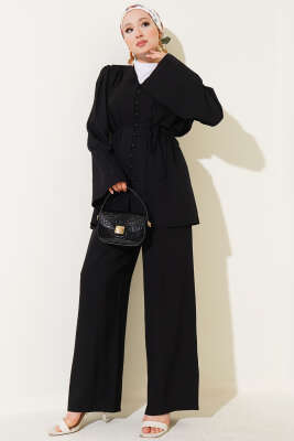 Pazarium - İp Kuşaklı Brit Düğmeli İkili Takım Siyah