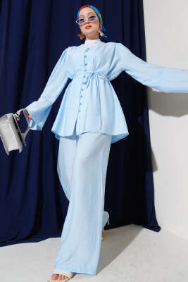 Pazarium - İp Kuşaklı Brit Düğmeli İkili Takım Bebe Mavi