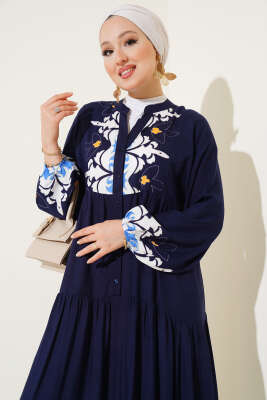 Bilek Lastikli Desenli Viskon Elbise Lacivert - Thumbnail