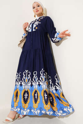 Bilek Lastikli Desenli Viskon Elbise Lacivert - Thumbnail