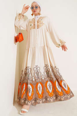 Bilek Lastikli Desenli Viskon Elbise Bej - Thumbnail