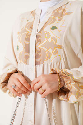 Bilek Lastikli Desenli Viskon Elbise Bej - Thumbnail