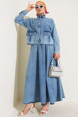 Pazarium - Cepli Düğmeli Etekli Kot İkili Takım Açık Mavi