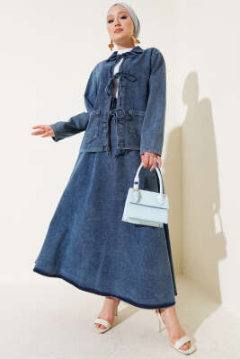 Pazarium - Önü Bağcıklı Cepli Etekli Kot Takım Kot Mavisi