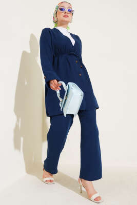 Pazarium - Düğmeli İp Kuşaklı Müslin İkili Takım Lacivert