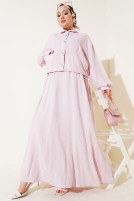 Pazarium - Bel Tünelli Ceketli Jile Takım Pembe