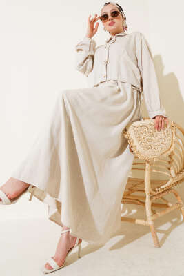 Pazarium - Bel Tünelli Ceketli Jile Takım Bej