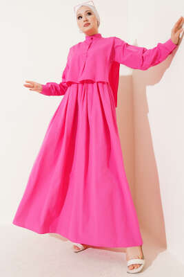 Pelerin Detaylı Yarım Düğmeli Elbise Fuşya - Thumbnail