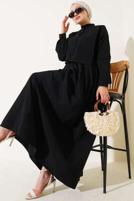 Pelerin Detaylı Yarım Düğmeli Elbise Siyah - Thumbnail