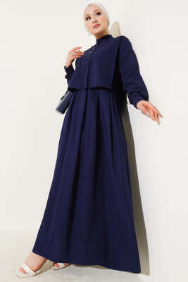 Pelerin Detaylı Yarım Düğmeli Elbise Lacivert - Thumbnail