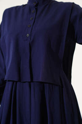 Pelerin Detaylı Yarım Düğmeli Elbise Lacivert - Thumbnail