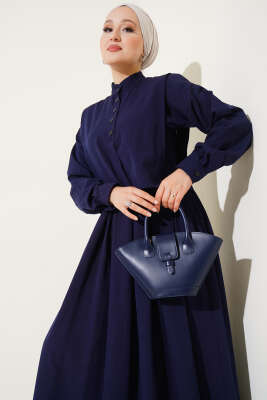 Pelerin Detaylı Yarım Düğmeli Elbise Lacivert - Thumbnail