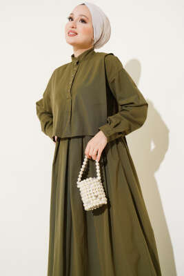 Pelerin Detaylı Yarım Düğmeli Elbise Haki - Thumbnail