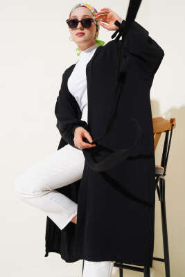 Pazarium - Bilek Bağlamalı Uzun Kimono Siyah