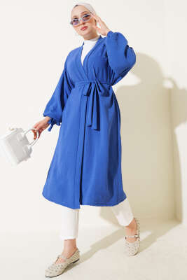 Pazarium - Bilek Bağlamalı Uzun Kimono İndigo