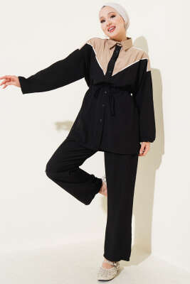 Pazarium - Bel Tünelli V Garnili İkili Takım Siyah