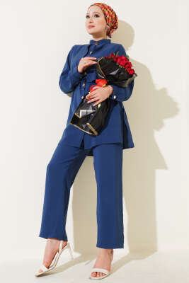 Pazarium - Gold Düğmeli Bolerolu Tencel İkili Takım İndigo