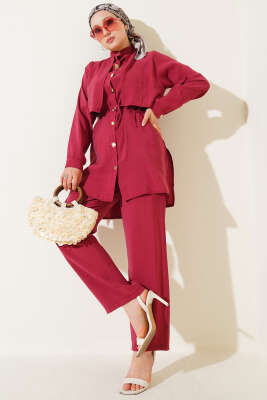 Pazarium - Gold Düğmeli Bolerolu Tencel İkili Takım Gül Kurusu