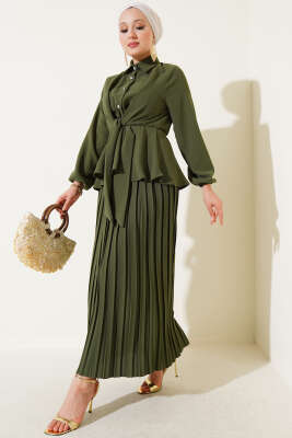 Pazarium - Bel Lastikli Bağlamalı Pilise Etekli Takım Haki