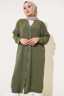 Pazarium - Önü Düğmeli Ayrobin Haki Uzun Hırka