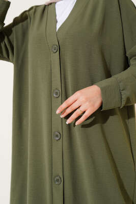 Önü Düğmeli Ayrobin Haki Uzun Hırka - Thumbnail