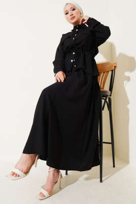 Pazarium - Bel Tünelli Cep Kapaklı Etekli İkili Takım Siyah