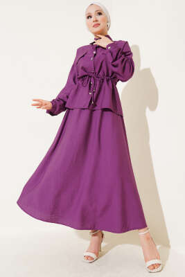 Pazarium - Bel Tünelli Cep Kapaklı Etekli İkili Takım Mor