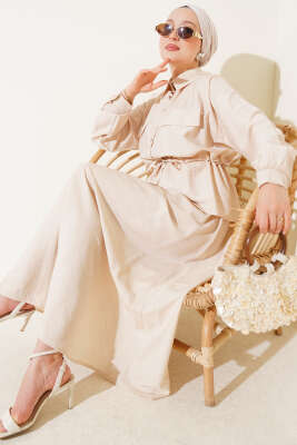 Pazarium - Bel Tünelli Cep Kapaklı Etekli İkili Takım Bej