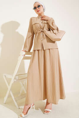 Pazarium - Çıtçıt Düğmeli Bel Tünelli Etekli İkili Takım Latte