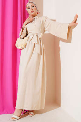 Pazarium - Yan Bağlamalı Yarım Çapraz Düğmeli Elbise Bej