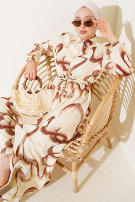 Pazarium - Bel Tünelli Desenli Uzun Gömlek İkili Takım Kahve