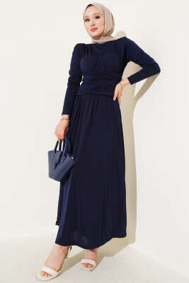 Pazarium - Çapraz Drapeli Sandy Elbise Lacivert