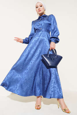 Pazarium - Kare Desen Düğmeli Jakar Elbise İndigo