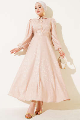 Pazarium - Kare Desen Düğmeli Jakar Elbise Bej