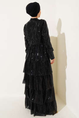 Pul Payet Kat Kat Abiye Elbise Siyah - Thumbnail