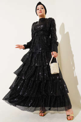 Pul Payet Kat Kat Abiye Elbise Siyah - Thumbnail