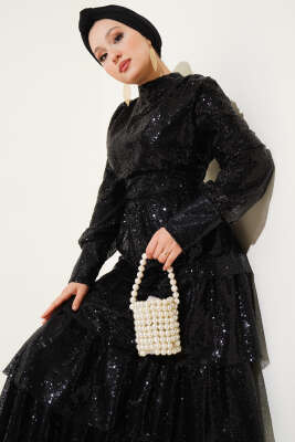 Pul Payet Kat Kat Abiye Elbise Siyah - Thumbnail