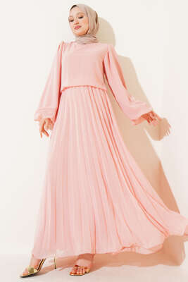 Pazarium - Bel Lastikli Pileli Şifon Elbise Somon