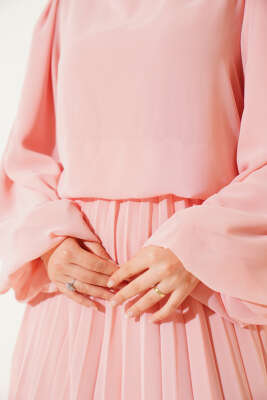 Bel Lastikli Pileli Şifon Elbise Somon - Thumbnail