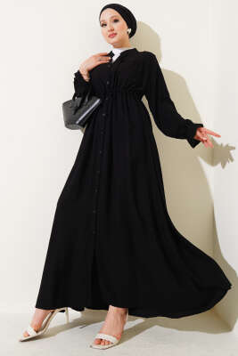 Pazarium - Boydan Düğmeli Bel Tünelli Basic Elbise Siyah