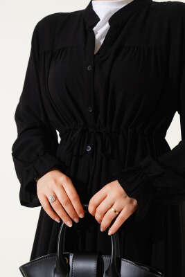 Boydan Düğmeli Bel Tünelli Basic Elbise Siyah - Thumbnail