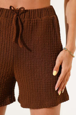Bel Lastikli Gofre Şort Kahve - Thumbnail