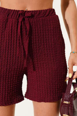 Bel Lastikli Gofre Şort Bordo - Thumbnail